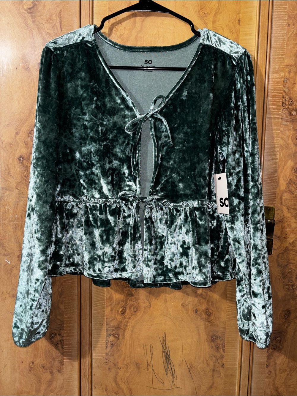 Velvet Tie-Front Peplum Blouse / cardigan in Deep Teal size XL 14/16 girls